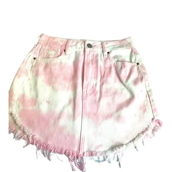PacSun Tie-Dye High Rise Denim Jeans Mini Skirt | Pink | sz 24 NEW - Picture 3 of 11